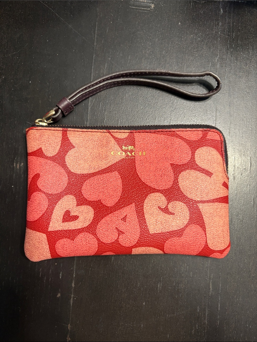 Coach Red and Pink Heart Print Wristlet with Gold Logo